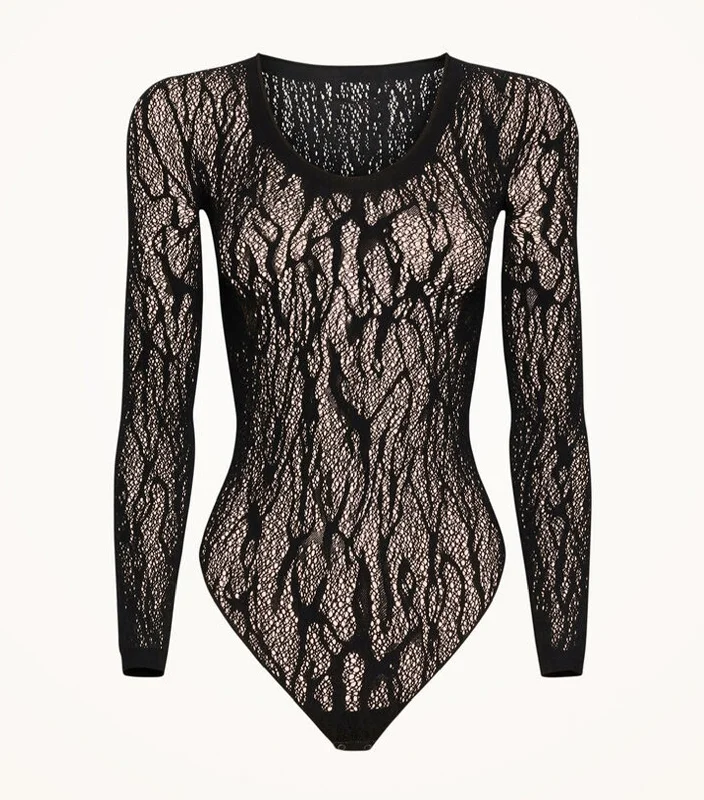 Women's panties with moisture-wicking fabric-Snake Lace String Bodysuit Black