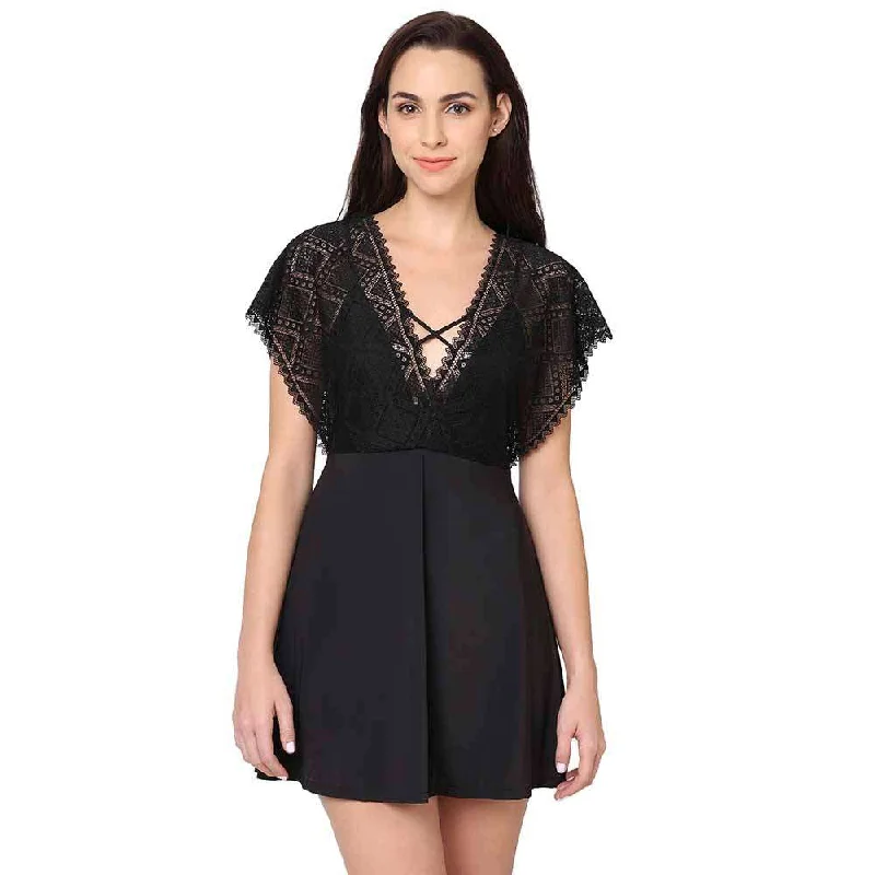 Women's sleep dress with adjustable straps-Gaia Non Padded Non Wired Bridal Wear Short Lace Babydoll Chemise - Black Women's sleep dress with adjustable straps-Gaia Non Padded Non Wired Bridal Wear Short Lace Babydoll Chemise - Black