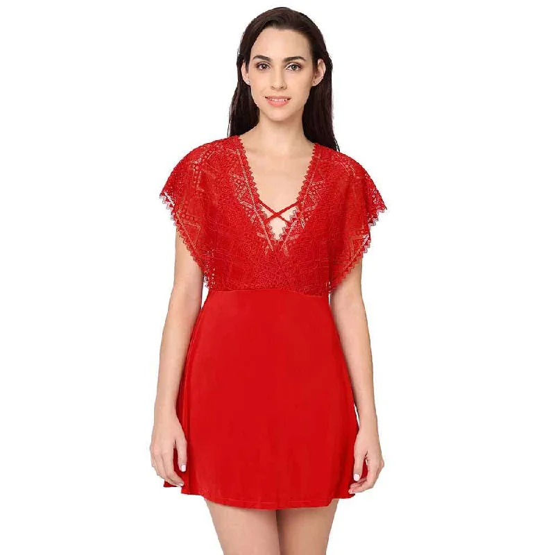 Comfortable women's sleep dress for every season-Gaia Non Padded Non Wired Bridal Wear Short Lace Babydoll Chemise - Red Comfortable women's sleep dress for every season-Gaia Non Padded Non Wired Bridal Wear Short Lace Babydoll Chemise - Red