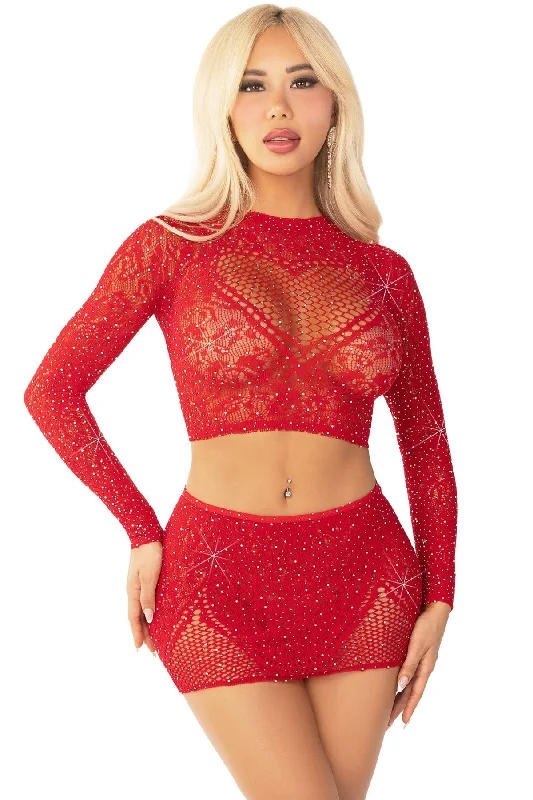 Sexy lingerie with mesh details-Rhinestone Lace Keyhole Heart Set