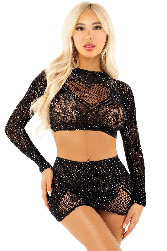 Sexy lingerie for plus size women-Rhinestone Lace Keyhole Heart Set