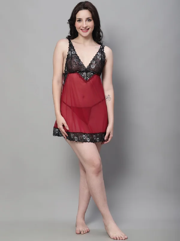 Women's sleep dress with soft fabric-Babydoll Overall Net V Neck Dress - Maroon