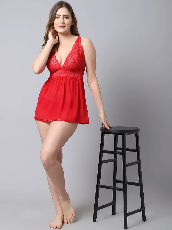 Cozy cotton women's sleep dress with stylish look-Babydoll Lacy Net V-Neck Dress - Red Cozy cotton women's sleep dress with stylish look-Babydoll Lacy Net V-Neck Dress - Red