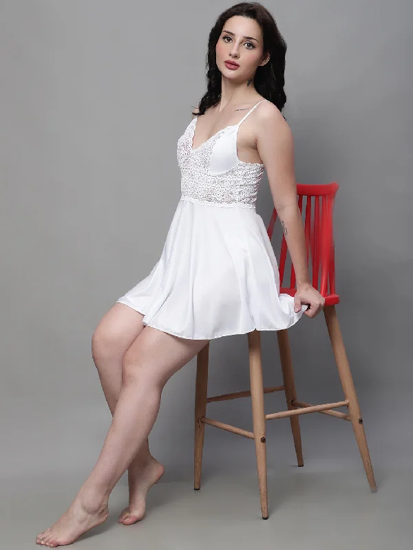 Soft women's sleep dress for a relaxing night-Babydoll Elegant Lacy Dress - White