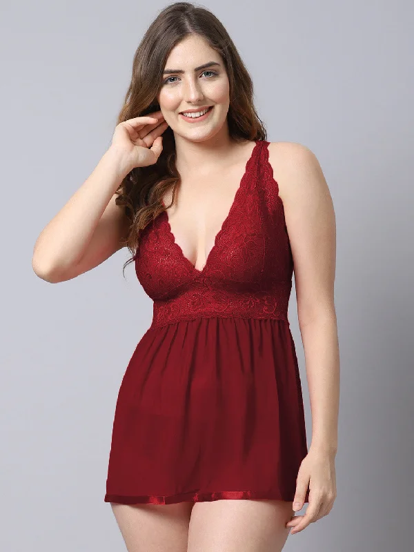 Comfortable women's sleep dress with minimal look-Babydoll Intrinsic Lacy Dress - Wine Comfortable women's sleep dress with minimal look-Babydoll Intrinsic Lacy Dress - Wine