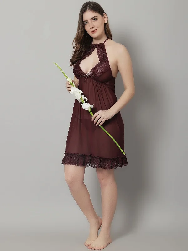 Cozy women's sleep dress for every season-Babydoll Overall Net Diamond Neck Dress - Wine Cozy women's sleep dress for every season-Babydoll Overall Net Diamond Neck Dress - Wine