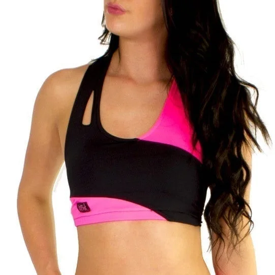 Women's lingerie for enhanced bust-Asymmetric Crop Top - Black / Neon Pink