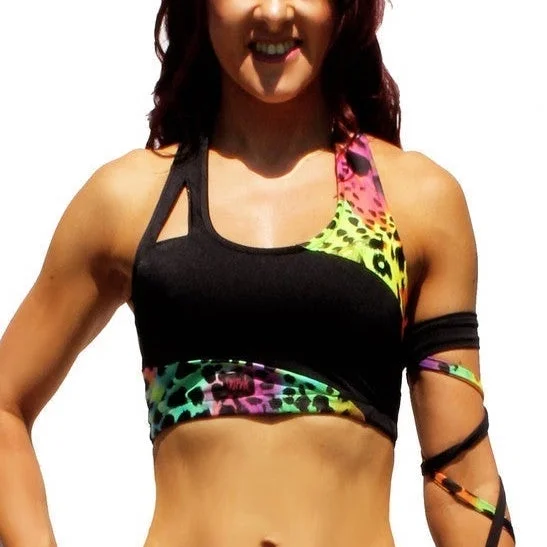 Women's lingerie for enhancing curves-Asymmetric Crop Top - Black / Rainbow