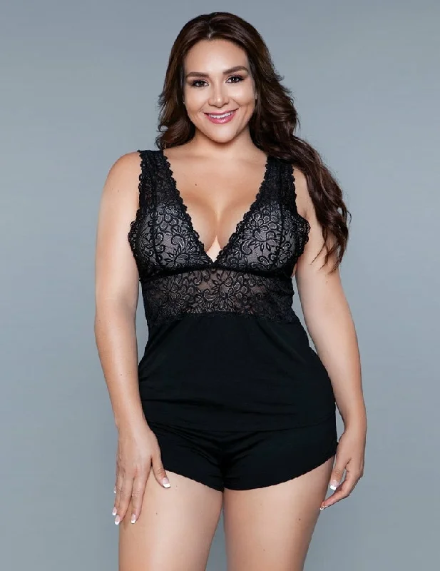 Women's lingerie for evening glamour-Be Wicked 1851 Black Orian 2 Piece Lace Plunging Neckline top