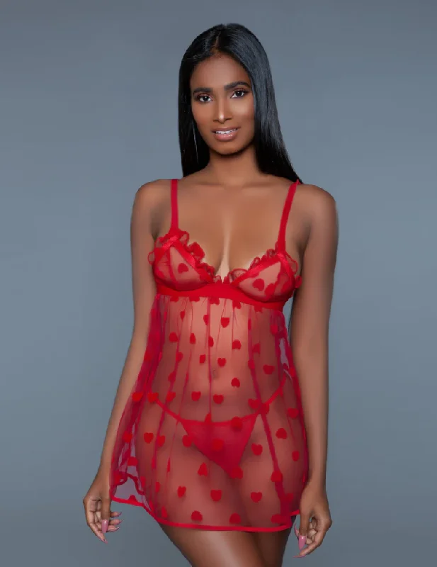 Women's lingerie for luxurious lace trim-Be Wicked 2032 Valentine Babydoll Red