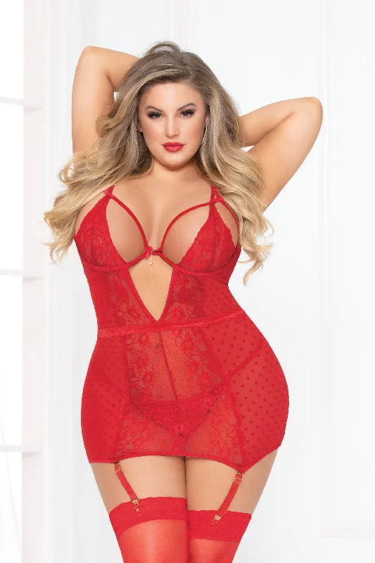 Women's lingerie for formal events-Love Affair Chemise Set -Red (Plus Size)