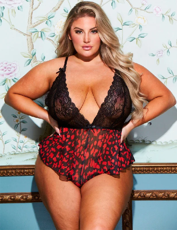 Women's lingerie for shaping your body-Lovely Lies R81043 Floral Plunge Neck Teddy