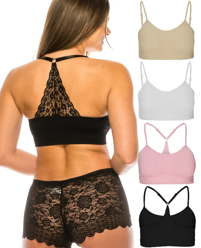 Women's lingerie for under tight dresses-Seamless Lace Racerback Bralette for Women Seamless Sports Bra Removable Pads Wireless Bra S-2XL Plus Size Multipack